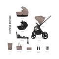 Beige stroller set with carrycot, black frame, and canopy
