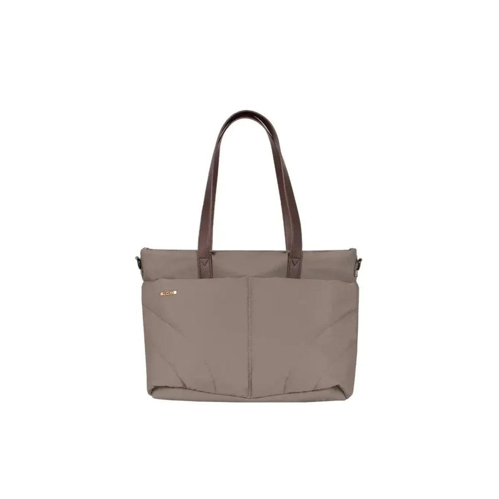 Beige changing bag with top handles and small gold logo