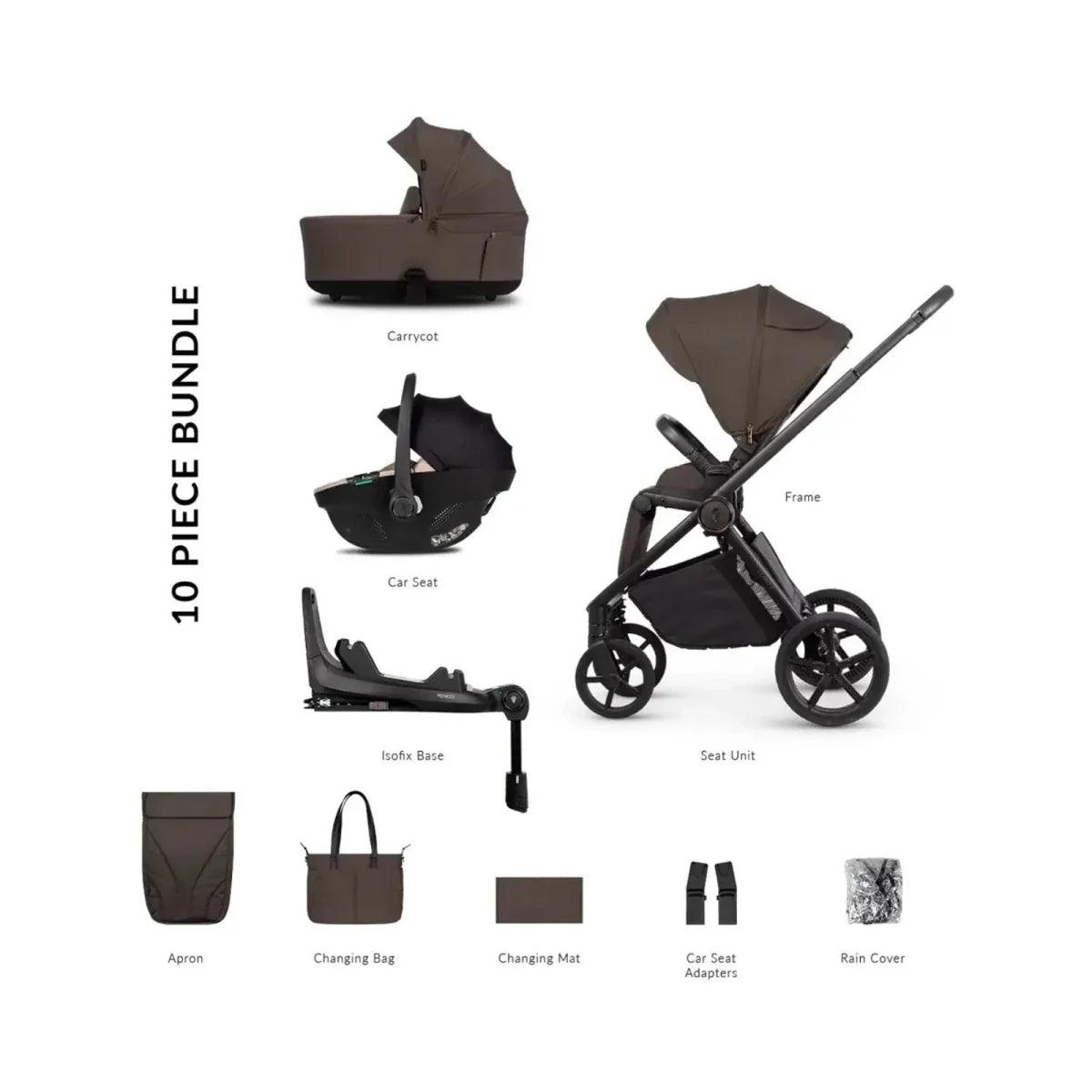 10-piece stroller accessory bundle with carrycot, seat, frame, adaptors, and bag set