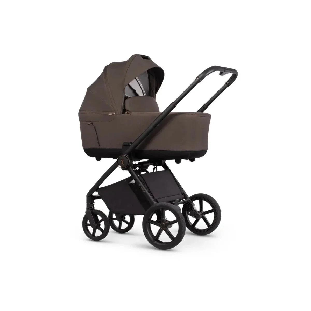 Luxury stroller with carrycot and canopy, brown seat frame and black wheels