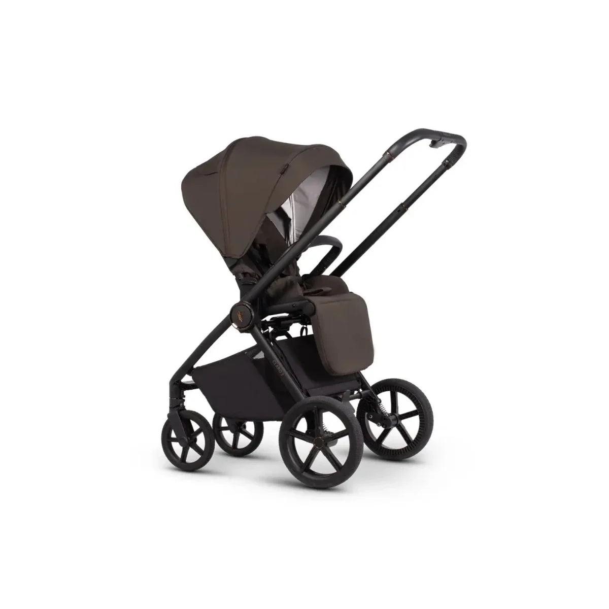 Luxury stroller with carrycot canopy, brown fabric body and black wheel frame