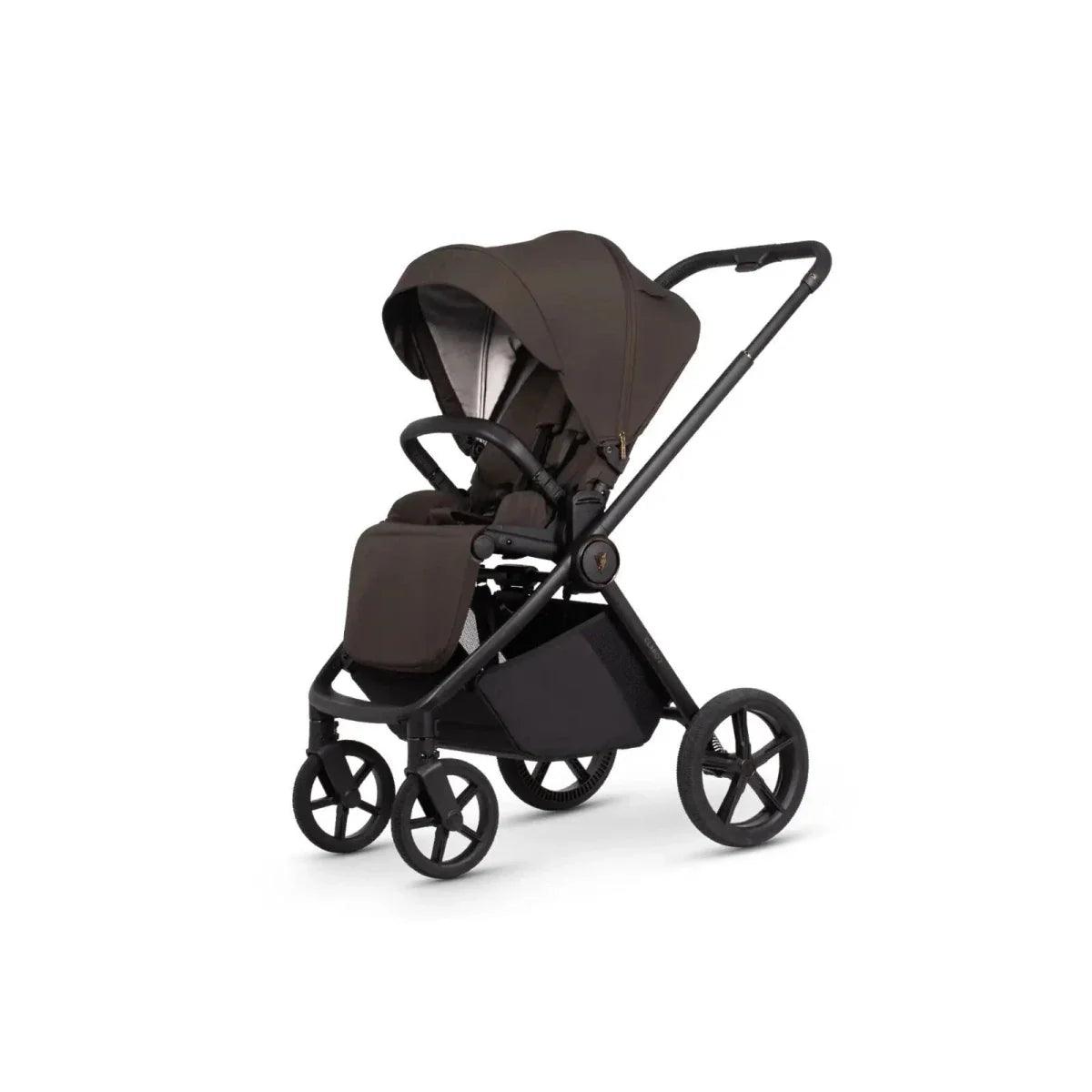 Luxury pushchair with canopy and seat, brown outer fabric and black chassis