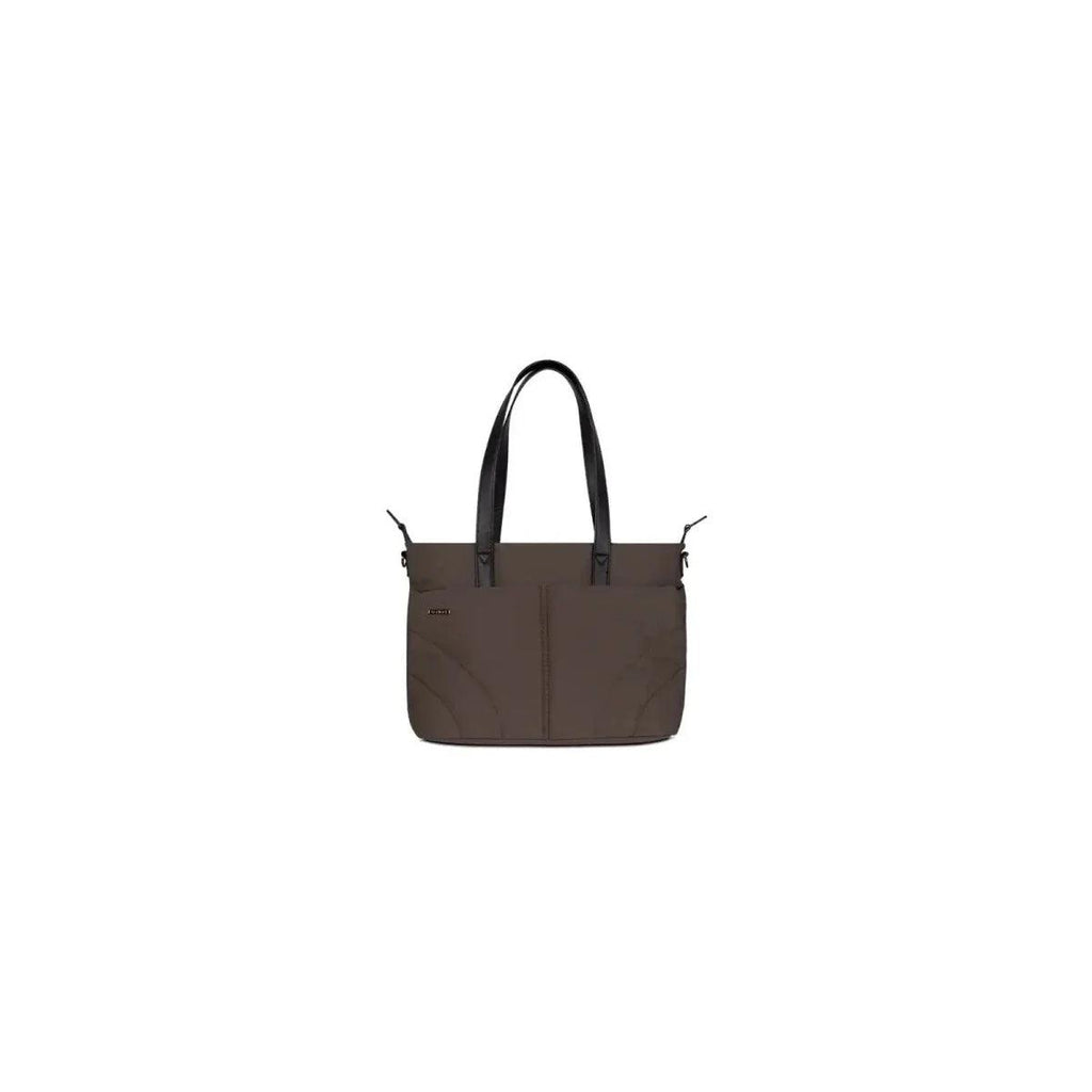 Brown changing bag tote with carry handles and front pockets