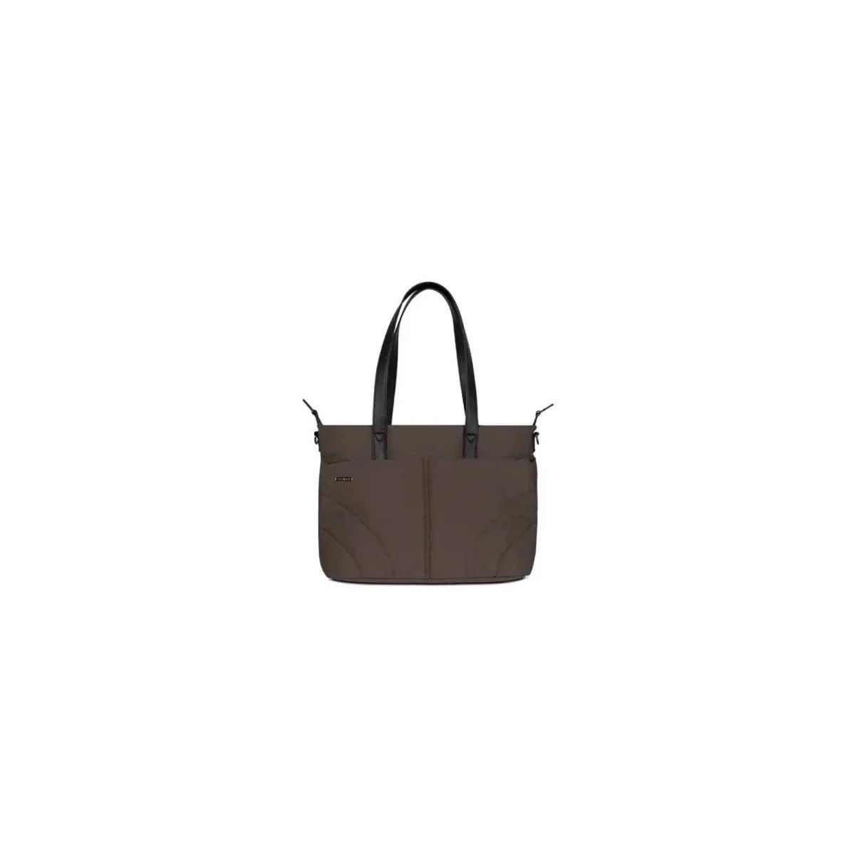 Brown changing bag tote with carry handles and front pockets