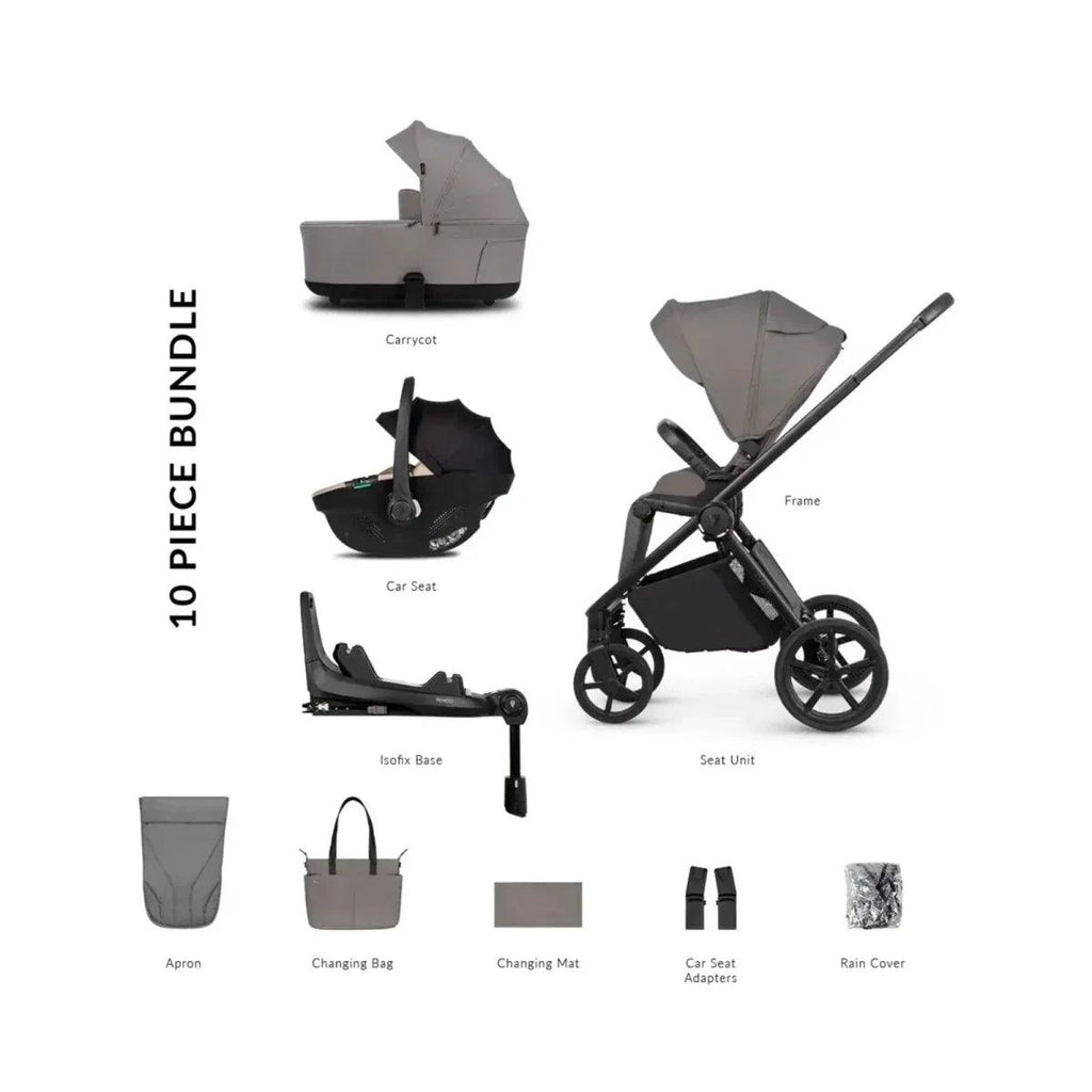 10-piece stroller bundle with car seat, carrycot, frame, and included accessories