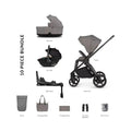 10-piece stroller bundle with car seat, carrycot, frame, and included accessories