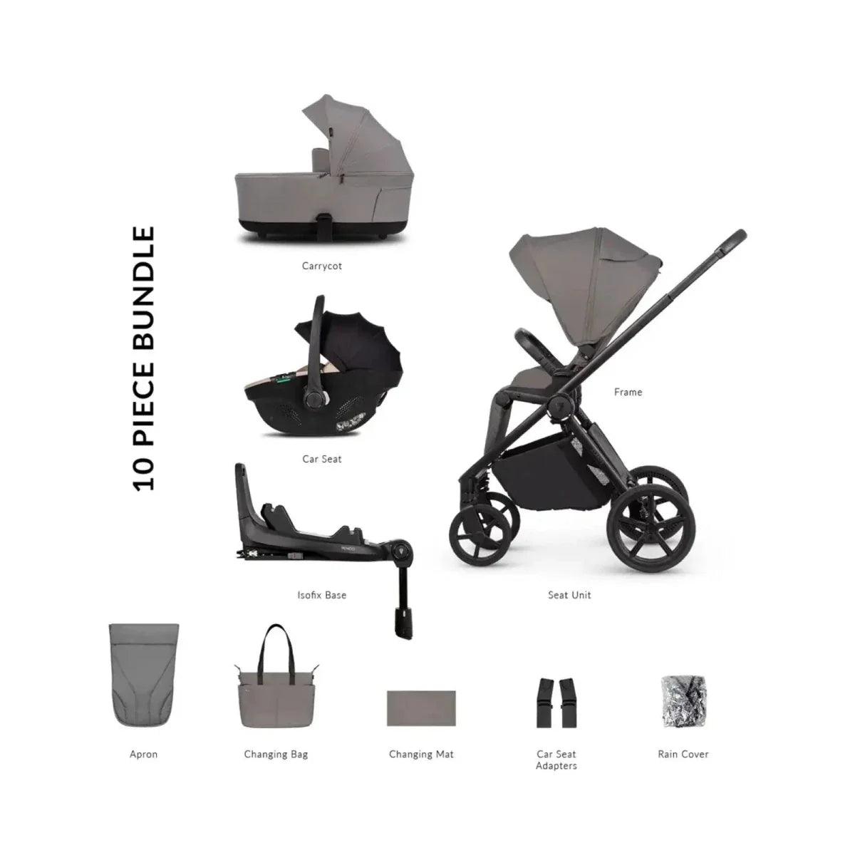 10-piece stroller bundle with car seat, carrycot, frame, and included accessories