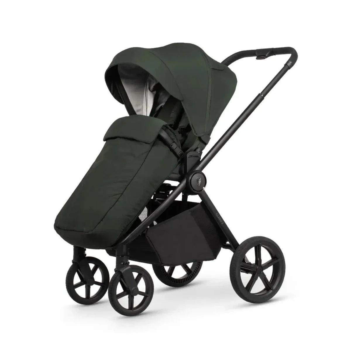 Dark green stroller with canopy, extended seat and black wheel frame, 3/4 view