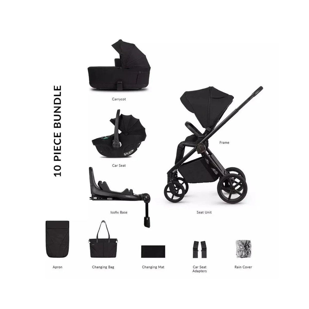 4-in-1 stroller bundle in black with carrycot, seat unit, car seat, and accessories