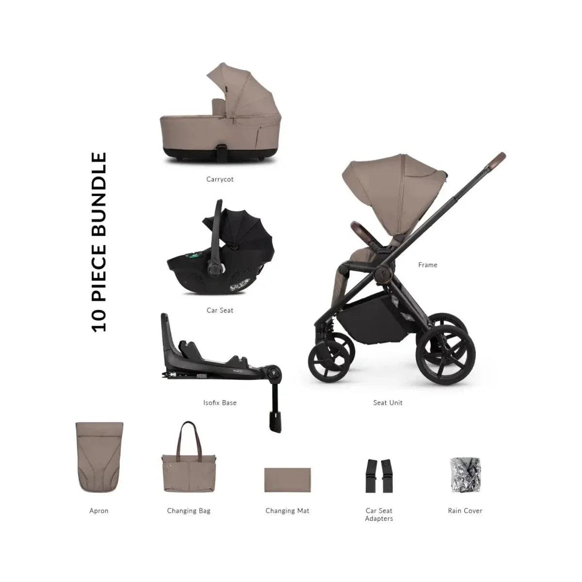 Black & almond stroller bundle: apron, changing mat, carry bag, seat adapters and covers