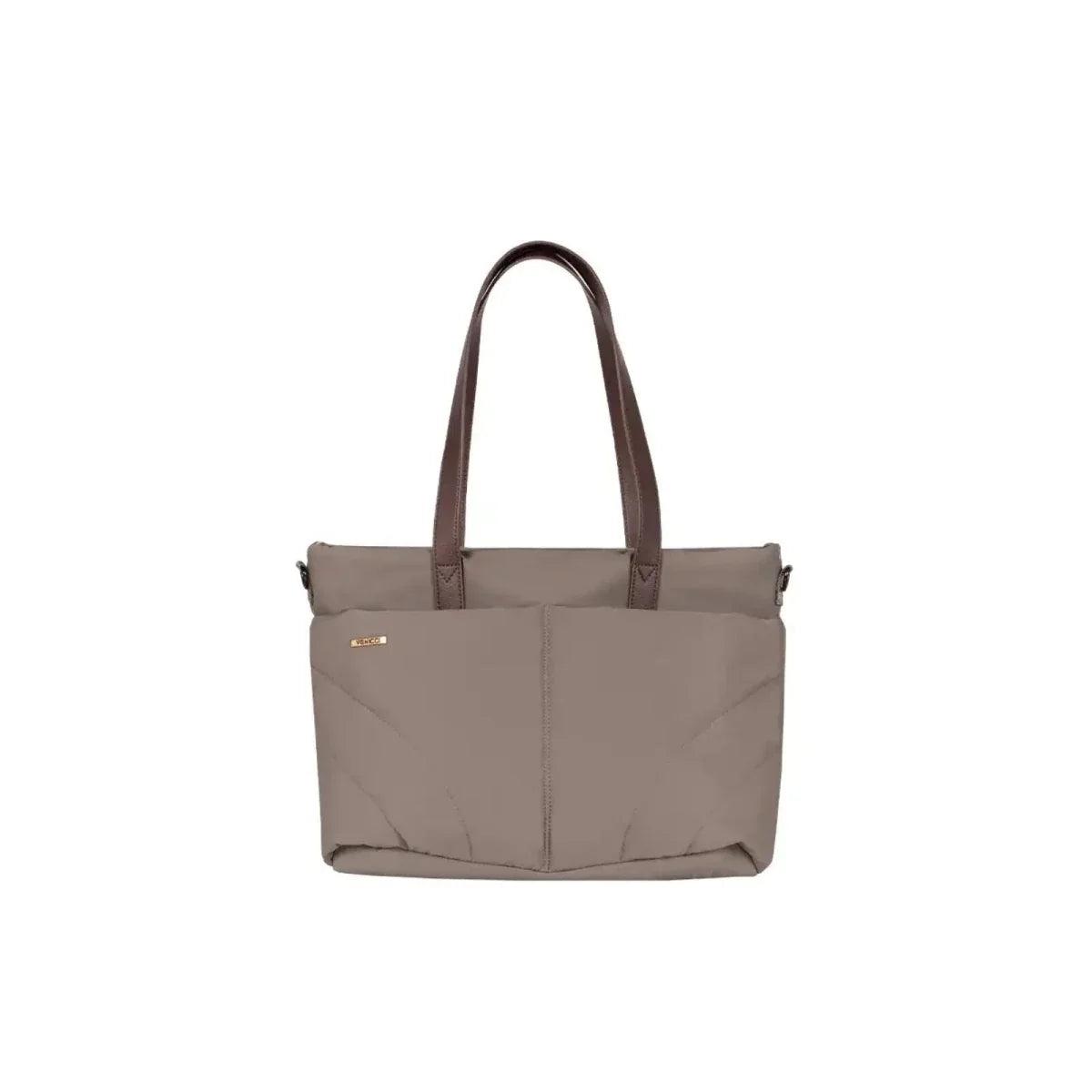 Almond changing bag tote with brown handles and front logo