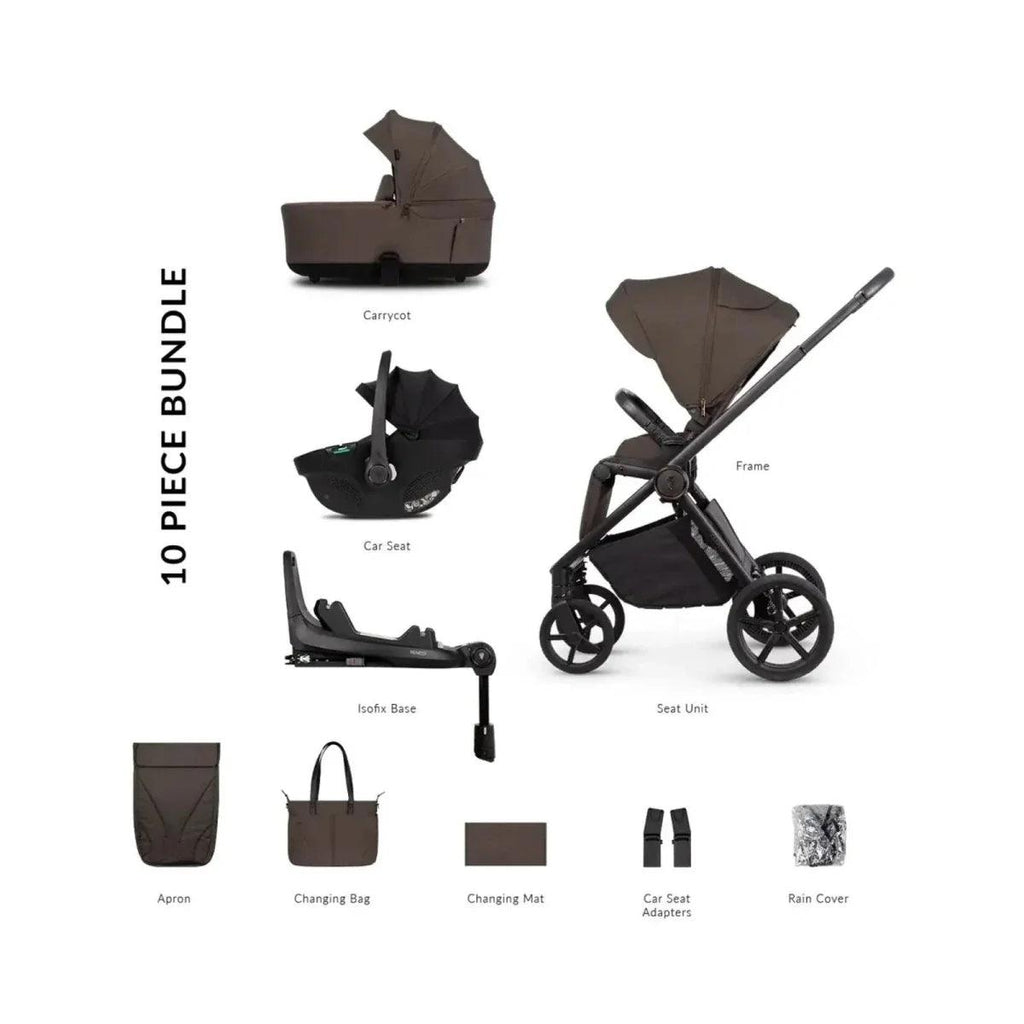 10-piece luxury stroller bundle set with frame, seat unit, car seat, and carry accessories