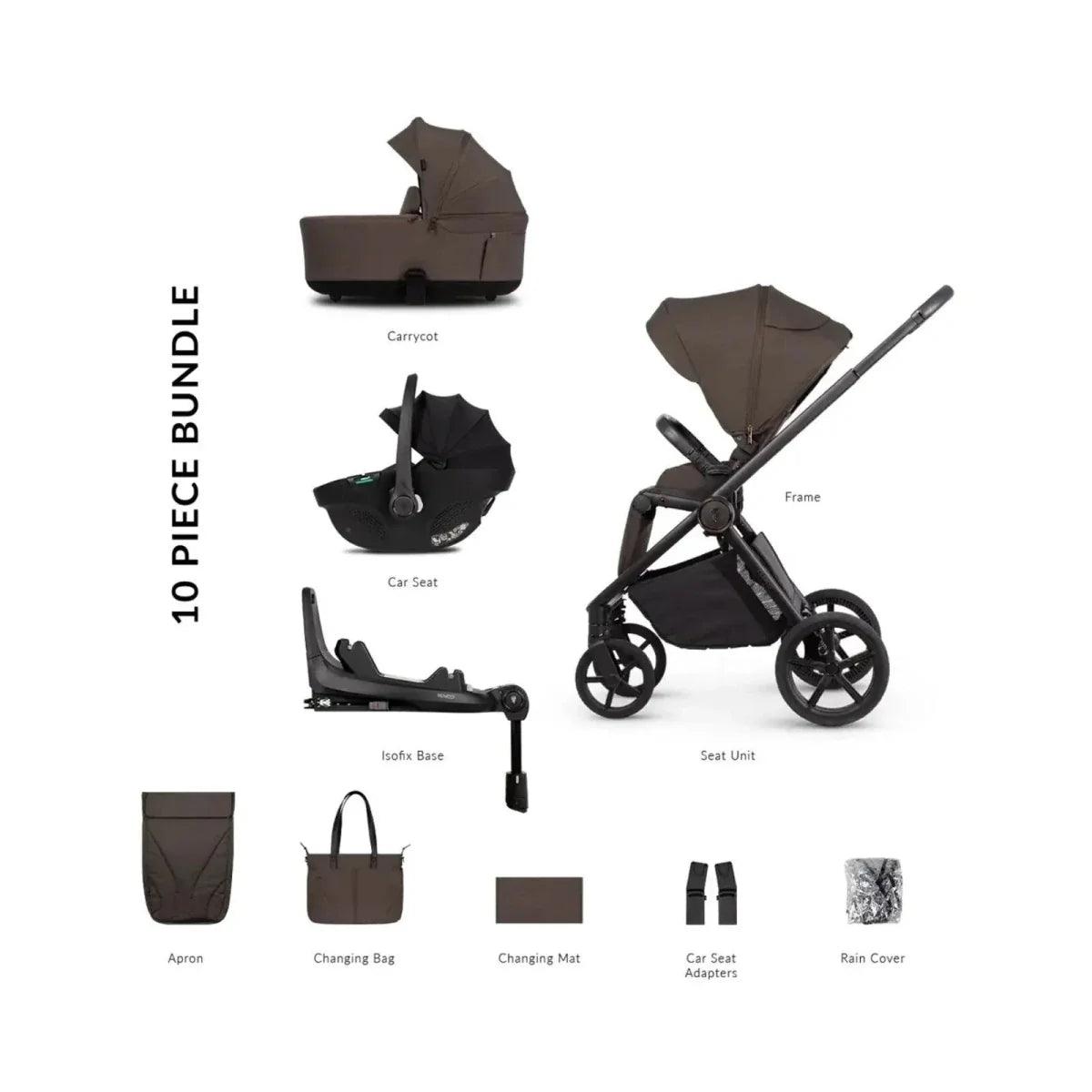 10-piece luxury stroller bundle set with frame, seat unit, car seat, and carry accessories