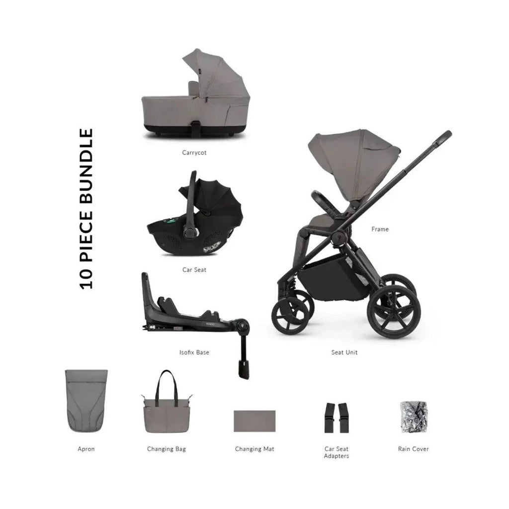 10-piece stroller bundle with frame, seat unit, carrycot, car seat adaptors, and accessories