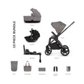 10-piece stroller bundle with frame, seat unit, carrycot, car seat adaptors, and accessories