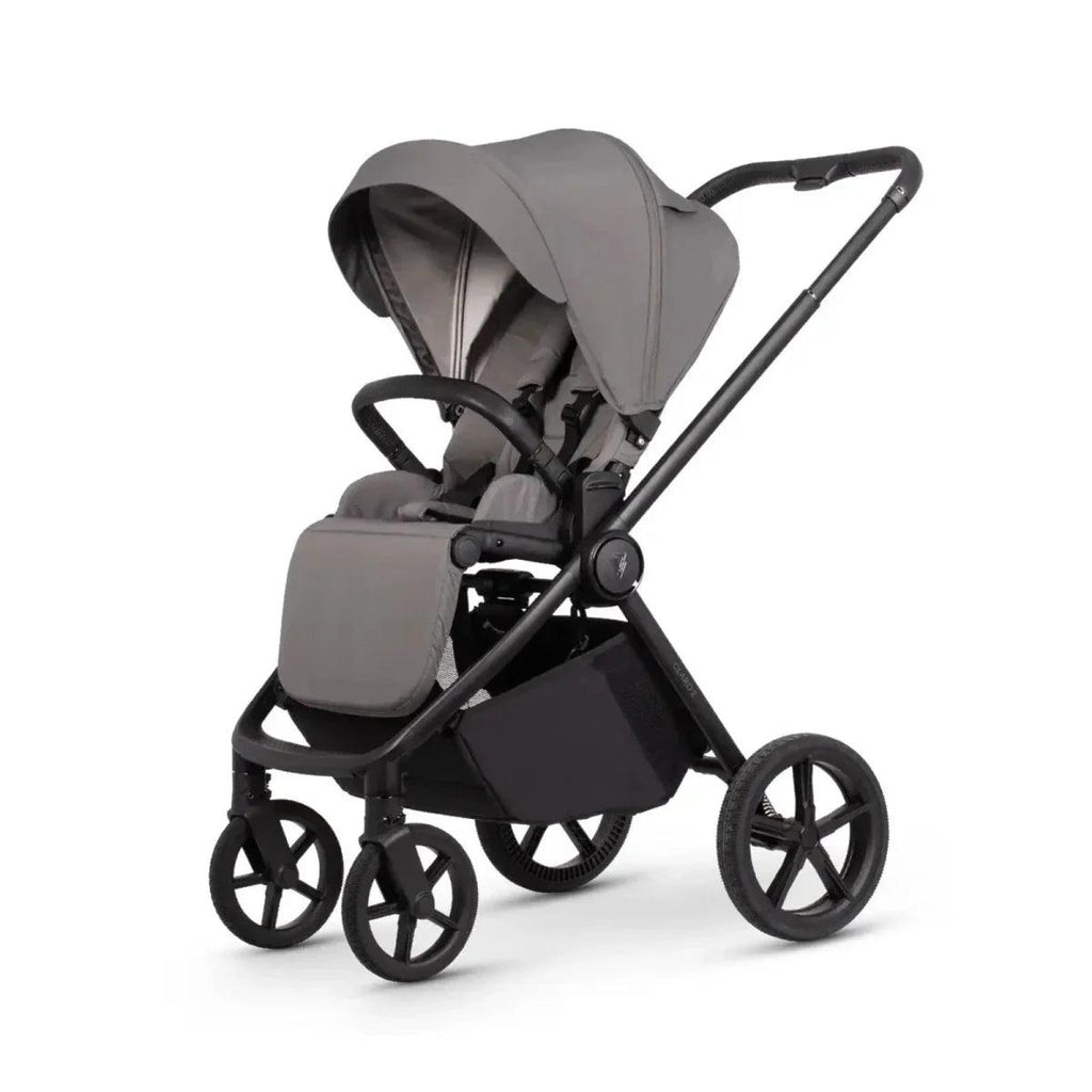Black and fog stroller with canopy and padded carrycot in forward-facing view