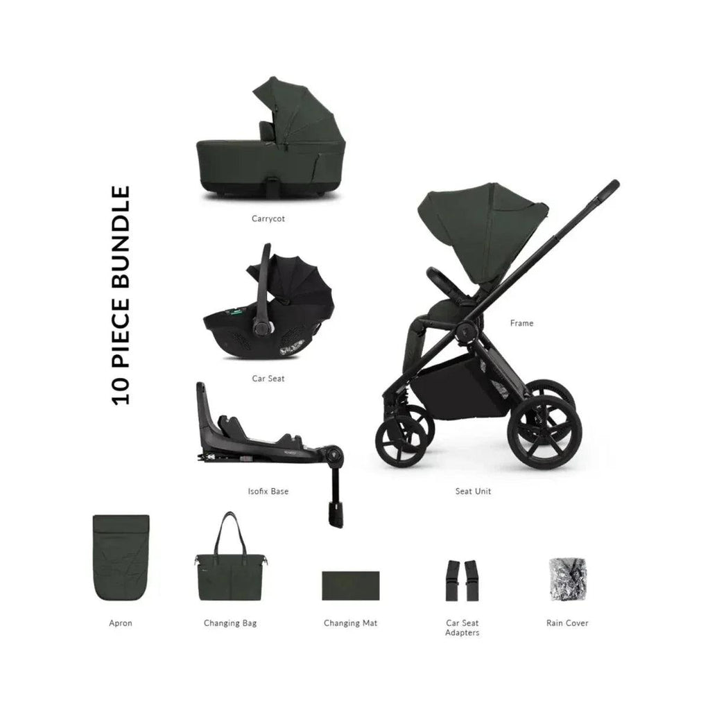 Stroller bundle 10-piece accessories, black frame with forest green carrycot and seat