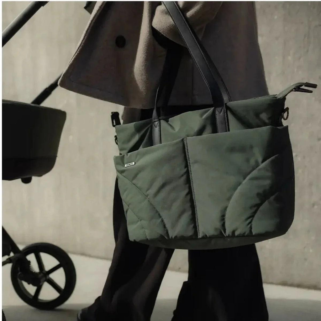 Forest green stroller tote bag with inner pockets and zip closure