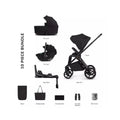 Black 4-in-1 stroller bundle kit with carrycot, car seat, frame, and accessories
