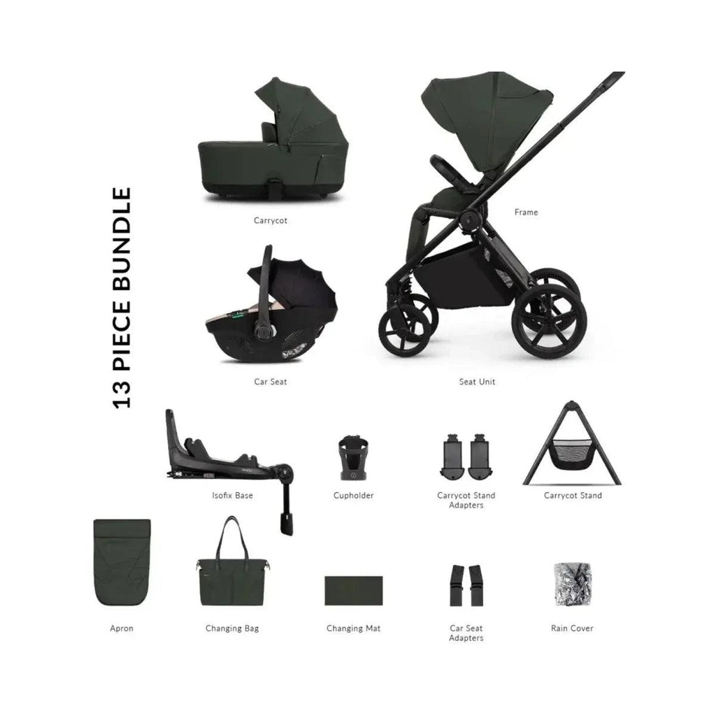 13-piece stroller bundle accessories, including carrycot, seat unit, and frame