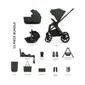 13-piece stroller bundle accessories, including carrycot, seat unit, and frame
