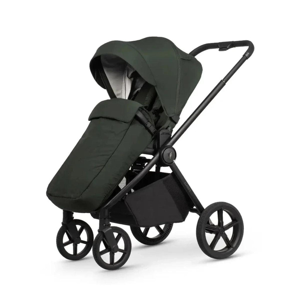 Forest green stroller with extended seat base and black chassis