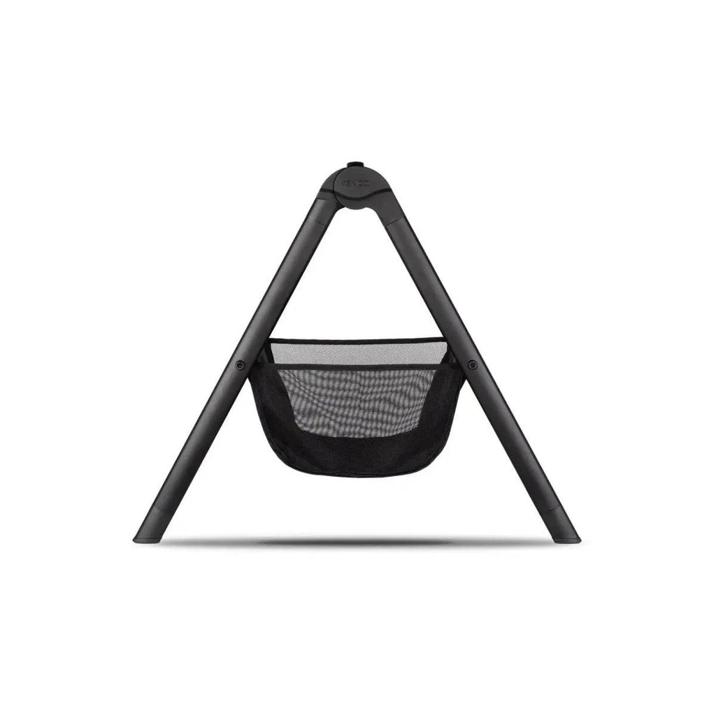 Black stroller stand with three-leg frame and mesh storage pocket