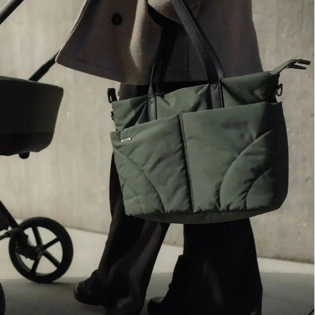 Forest green stroller organizer bag with zip compartments