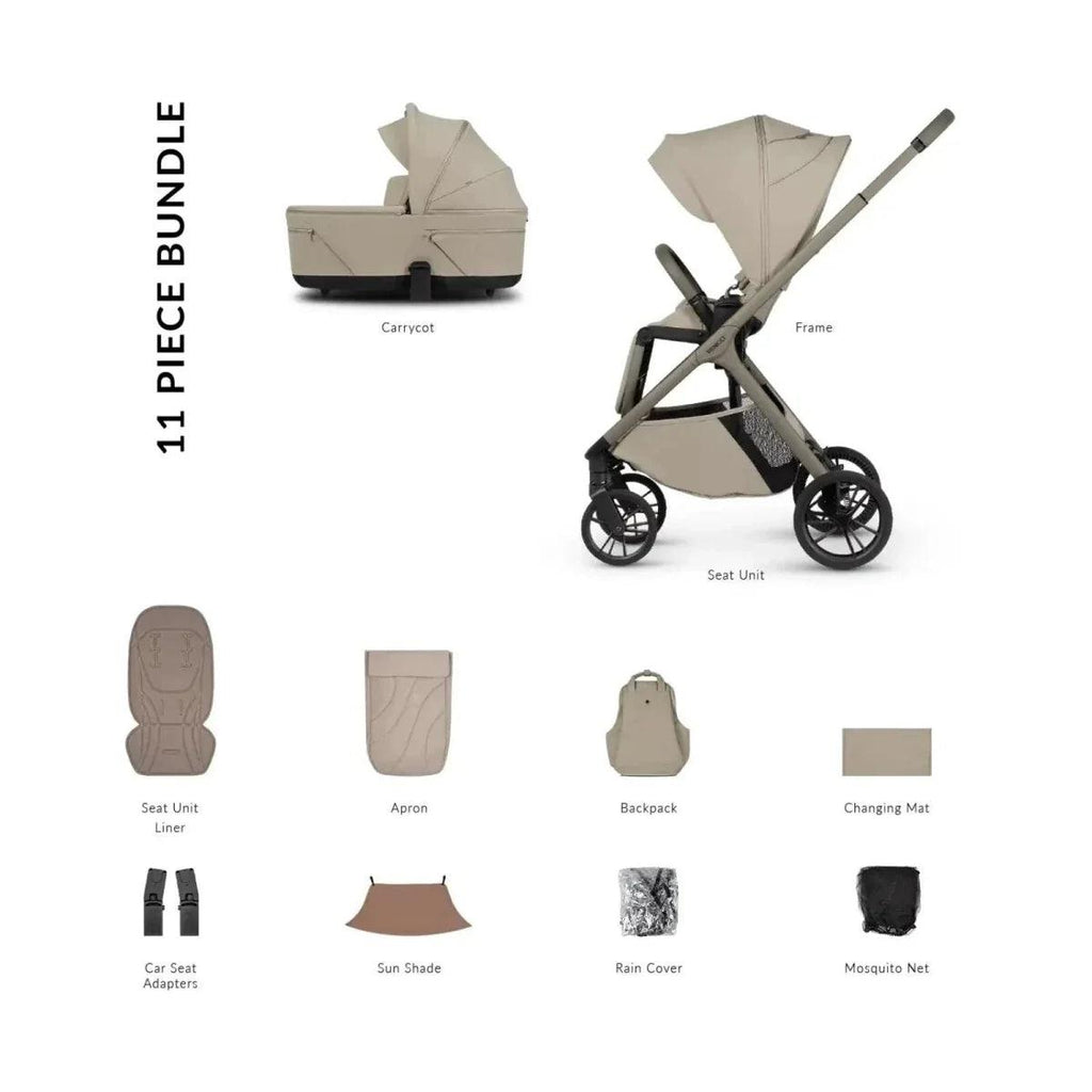Latte 11-piece stroller accessory bundle: seat liner, apron, backpack, changing mat
