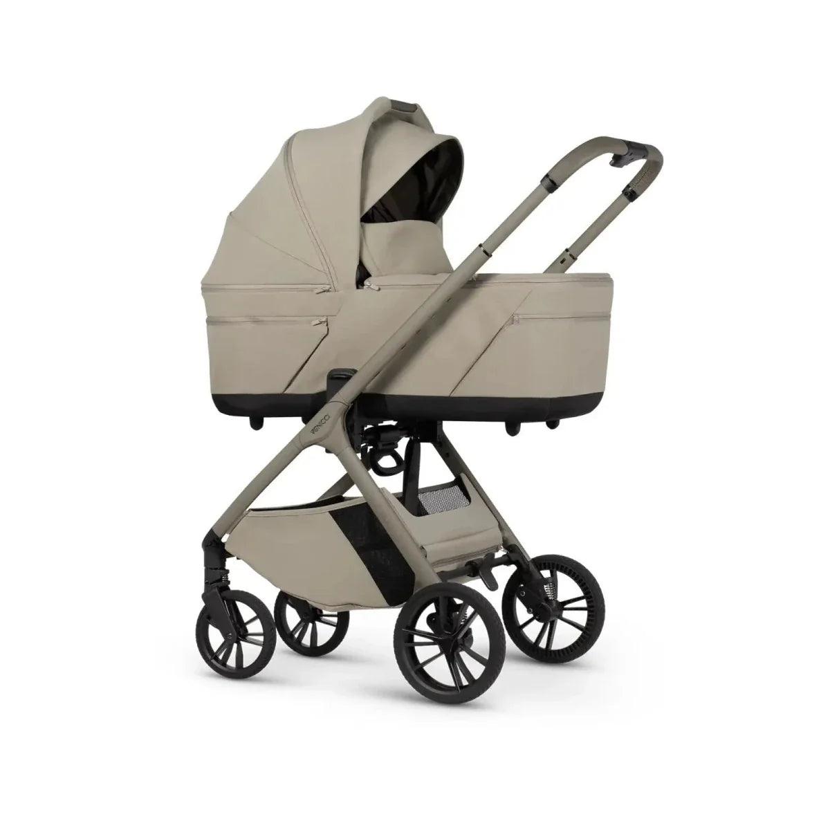 Latte stroller with carrycot and seat unit, beige canopy and cover, black frame