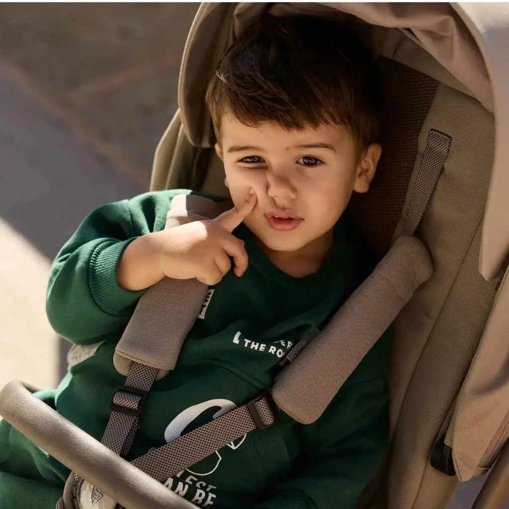 Latte stroller seat with toddler, hood up and safety harness straps.