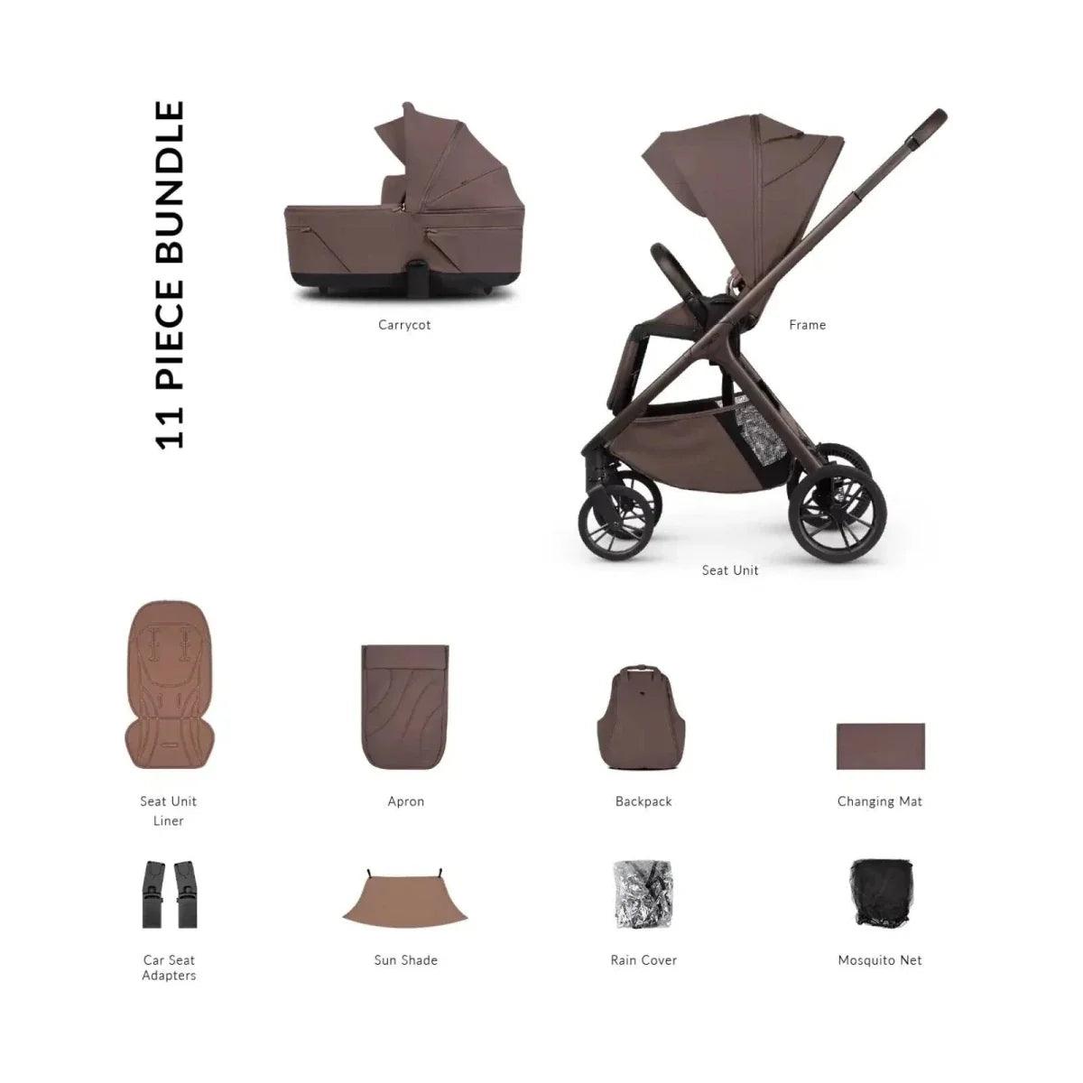 11-piece stroller essential bundle in brown, including seat liner, apron, and covers