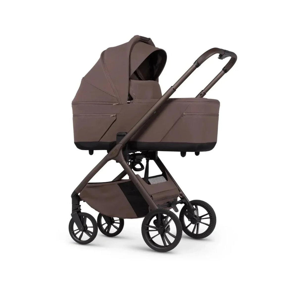 Brown 2-in-1 stroller with carrycot and seat unit, black wheels and handle