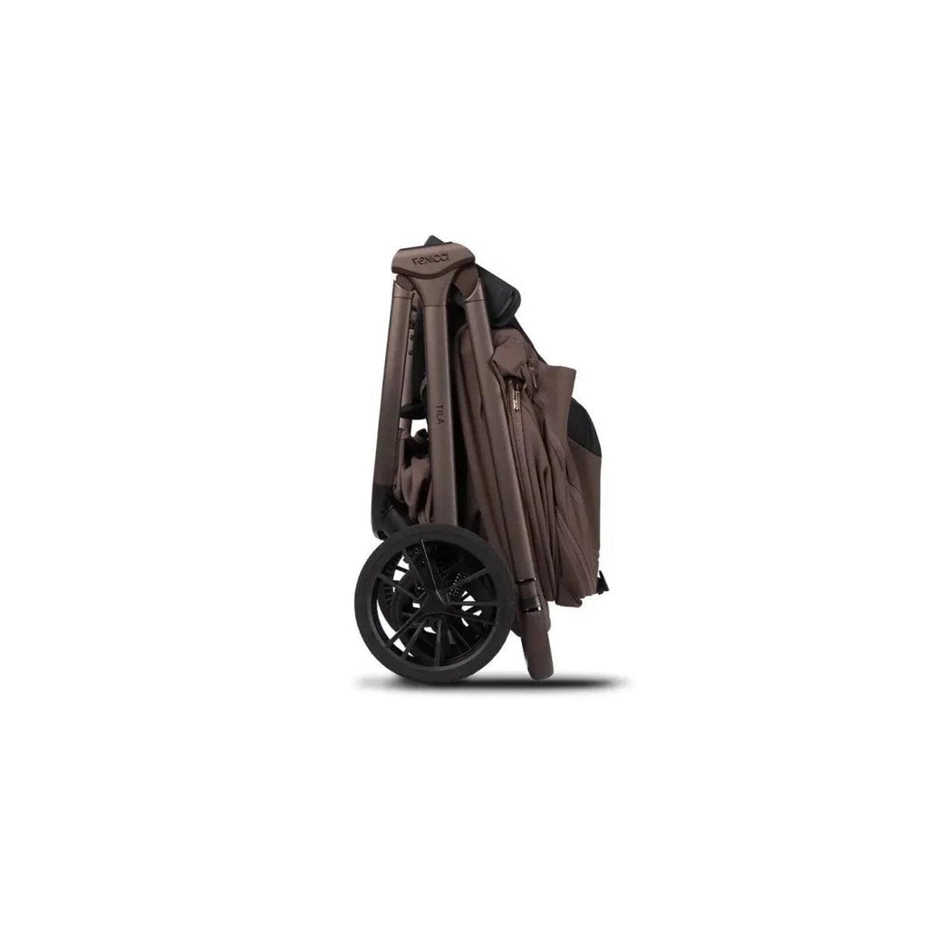 Brown backpack with adjustable straps and zip-top pocket for stroller carry