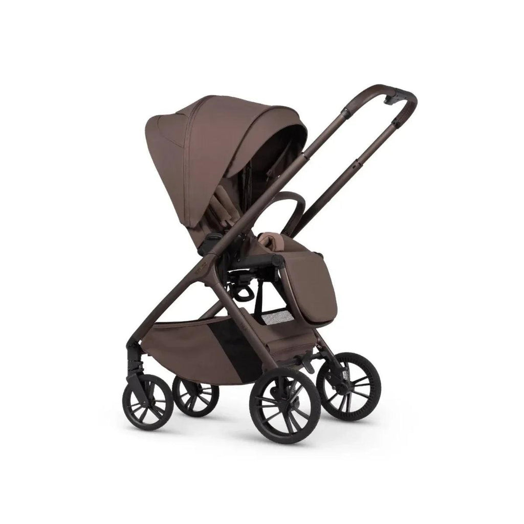 Brown stroller with carrycot and seat unit, front wheels and canopy visible