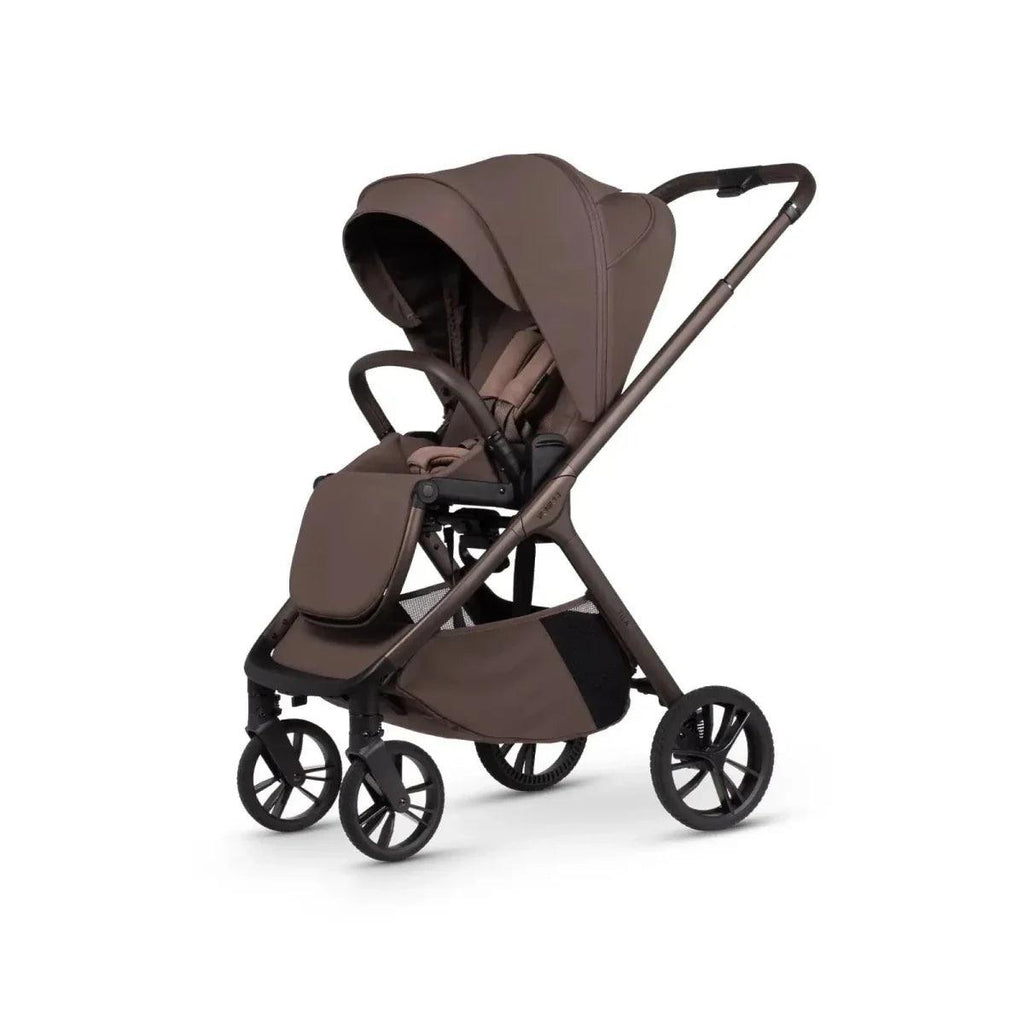 Brown stroller in 3/4 view with snack tray, canopy, and footrest