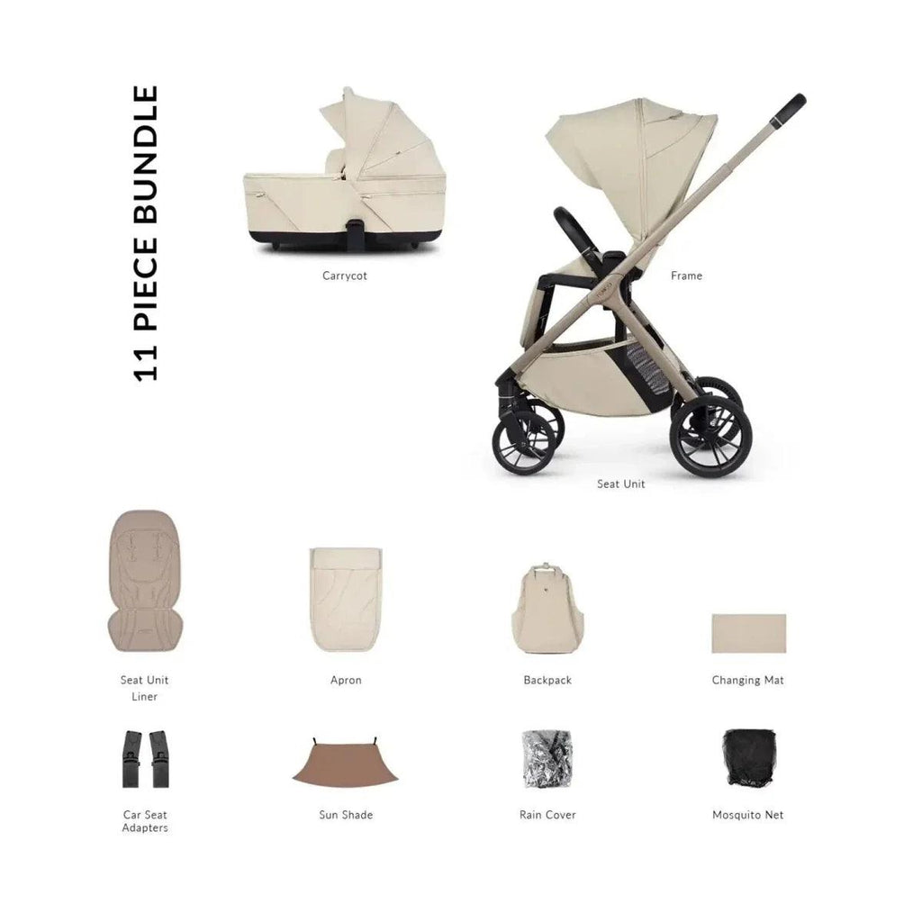 11-piece stroller bundle in Sabbia, with carrycot, seat unit, apron, and accessories
