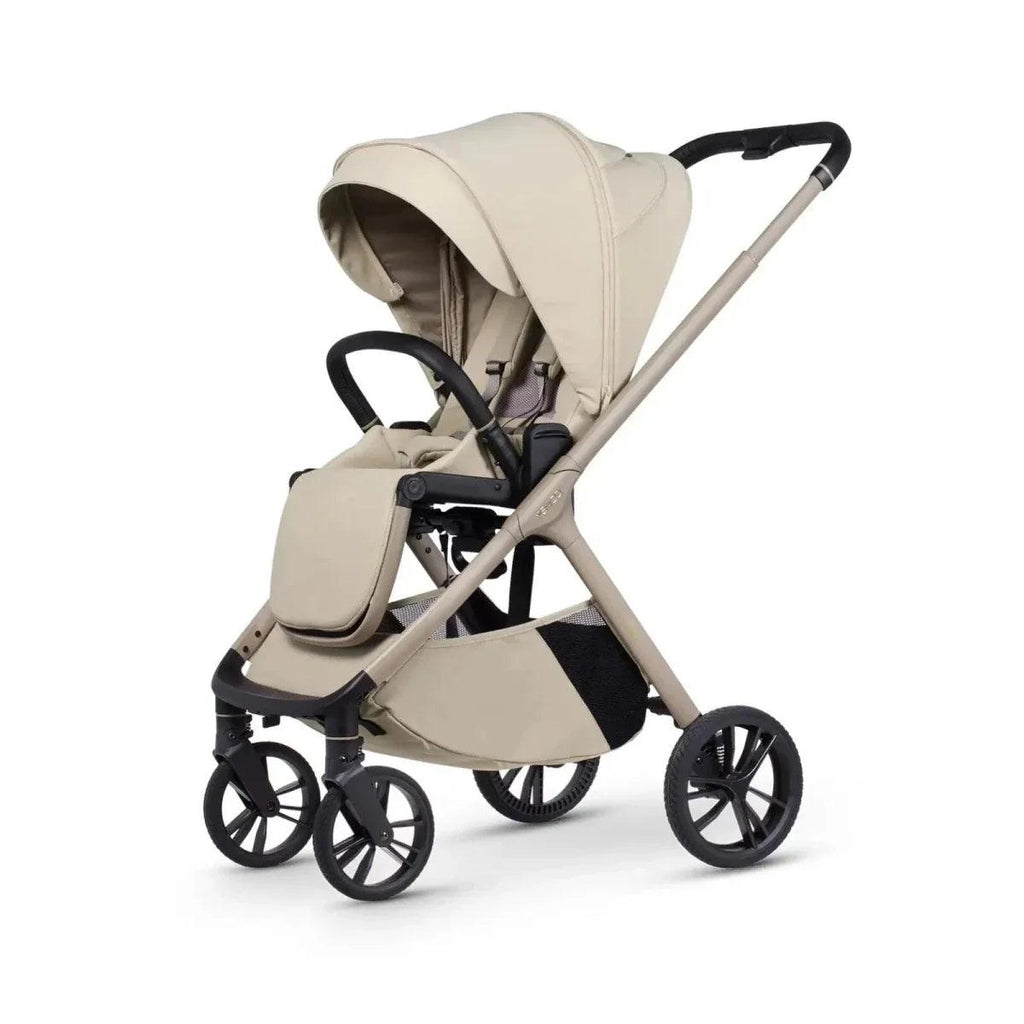 Light beige stroller seat unit with large canopy and black wheel base, side view