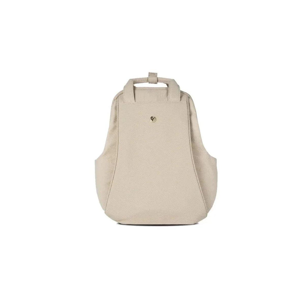 Light beige backpack with carry handle and small logo on the front