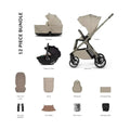 Beige stroller comfort bundle: carrycot, seat unit, adapters, liner, apron, and accessories