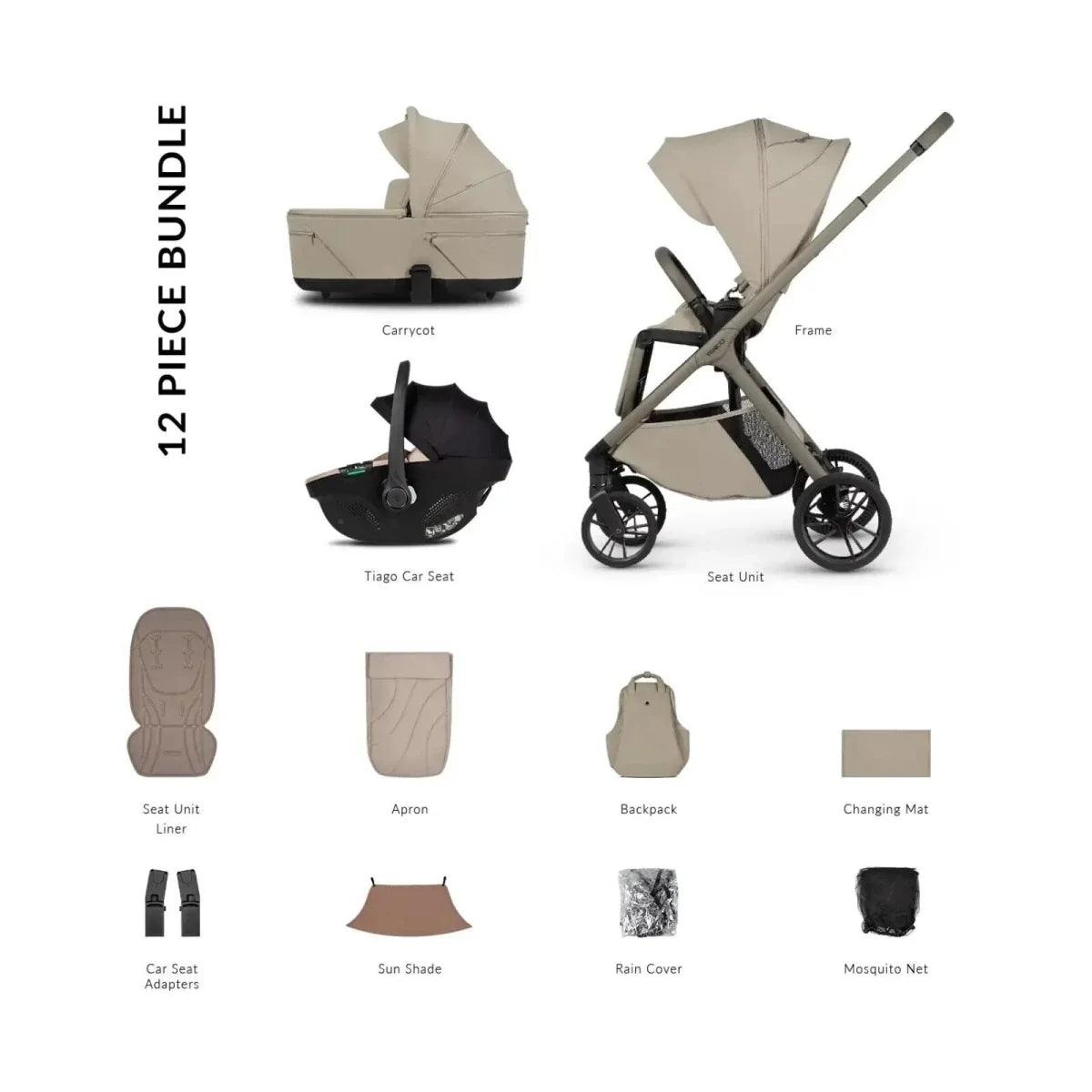Beige stroller comfort bundle: carrycot, seat unit, adapters, liner, apron, and accessories