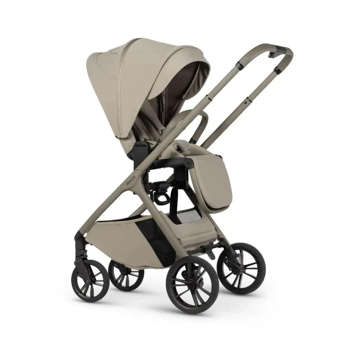 Beige stroller with carrycot, seat unit, and frame, front 3/4 view