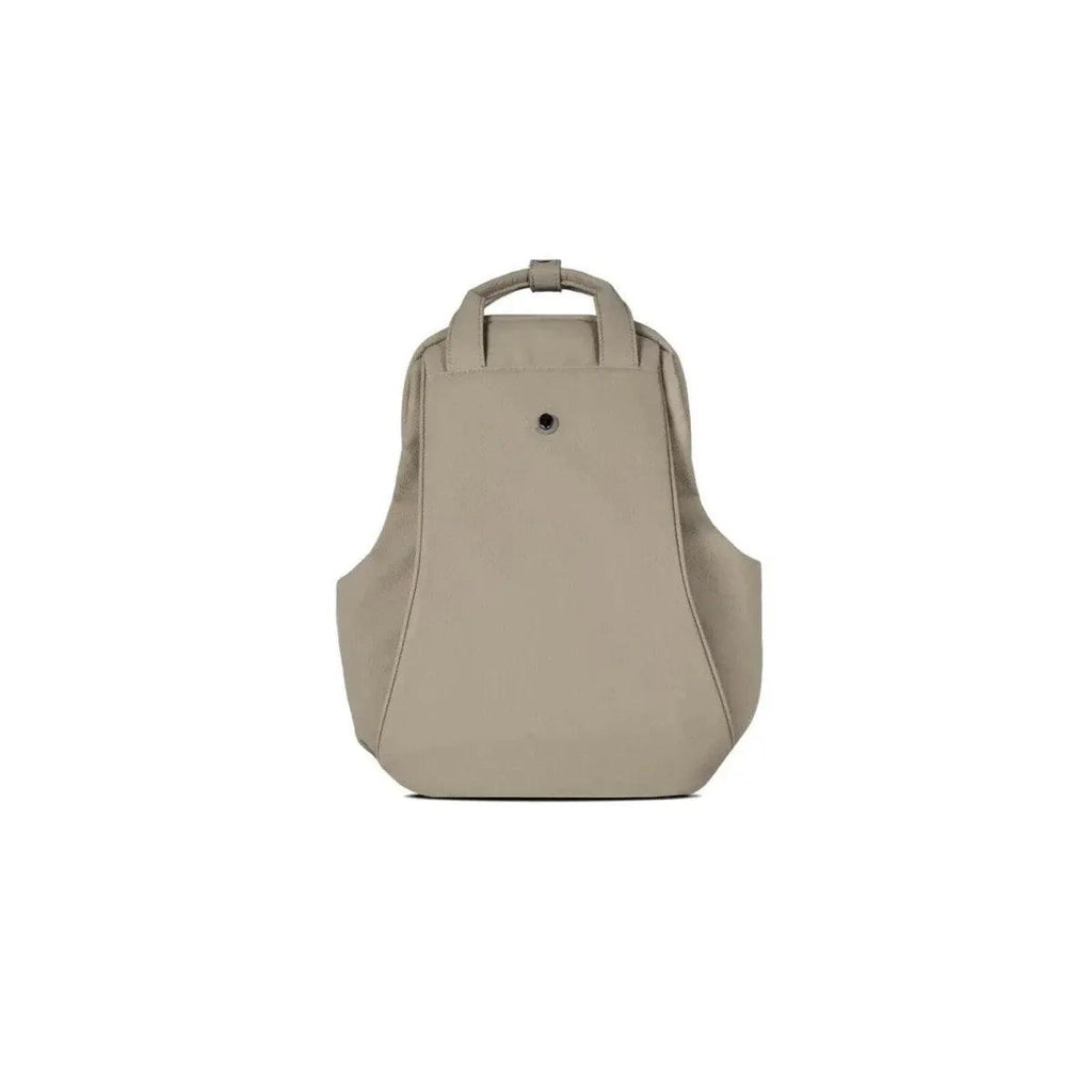 Beige stroller backpack with top handle and small front pocket