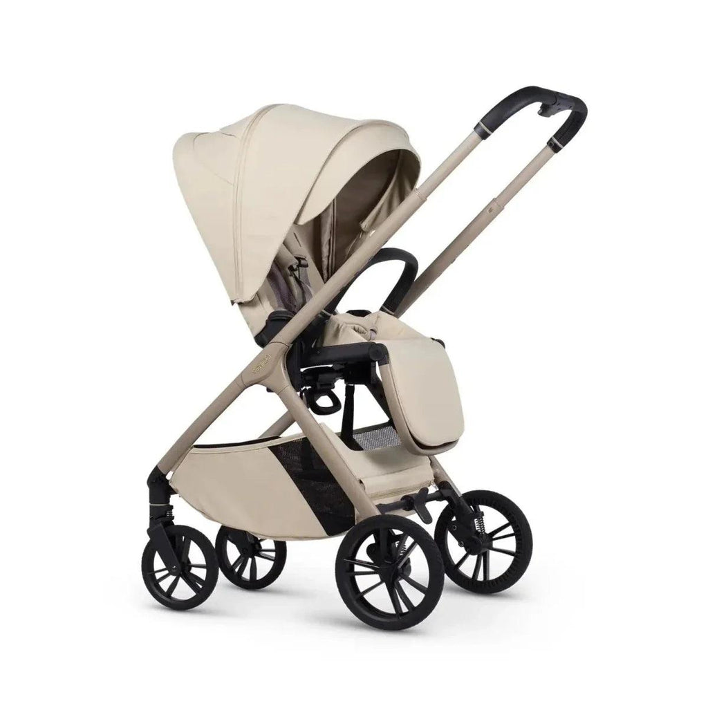 Beige stroller seat with canopy and front safety bar