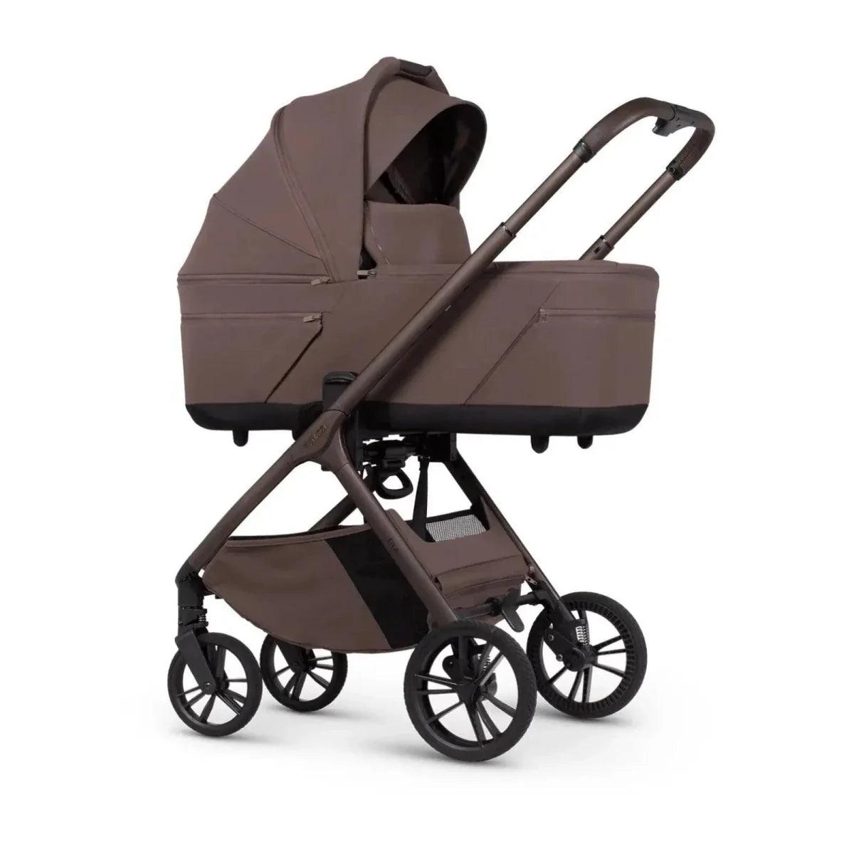 3-in-1 stroller with carrycot and seat unit, brown fabric and black wheels