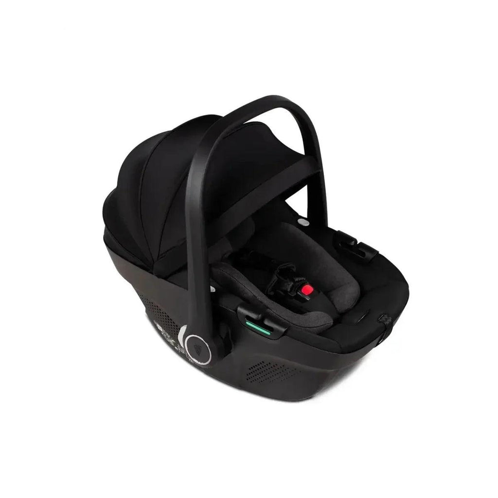 Car seat with canopy and base, dark fabric with comfort padding