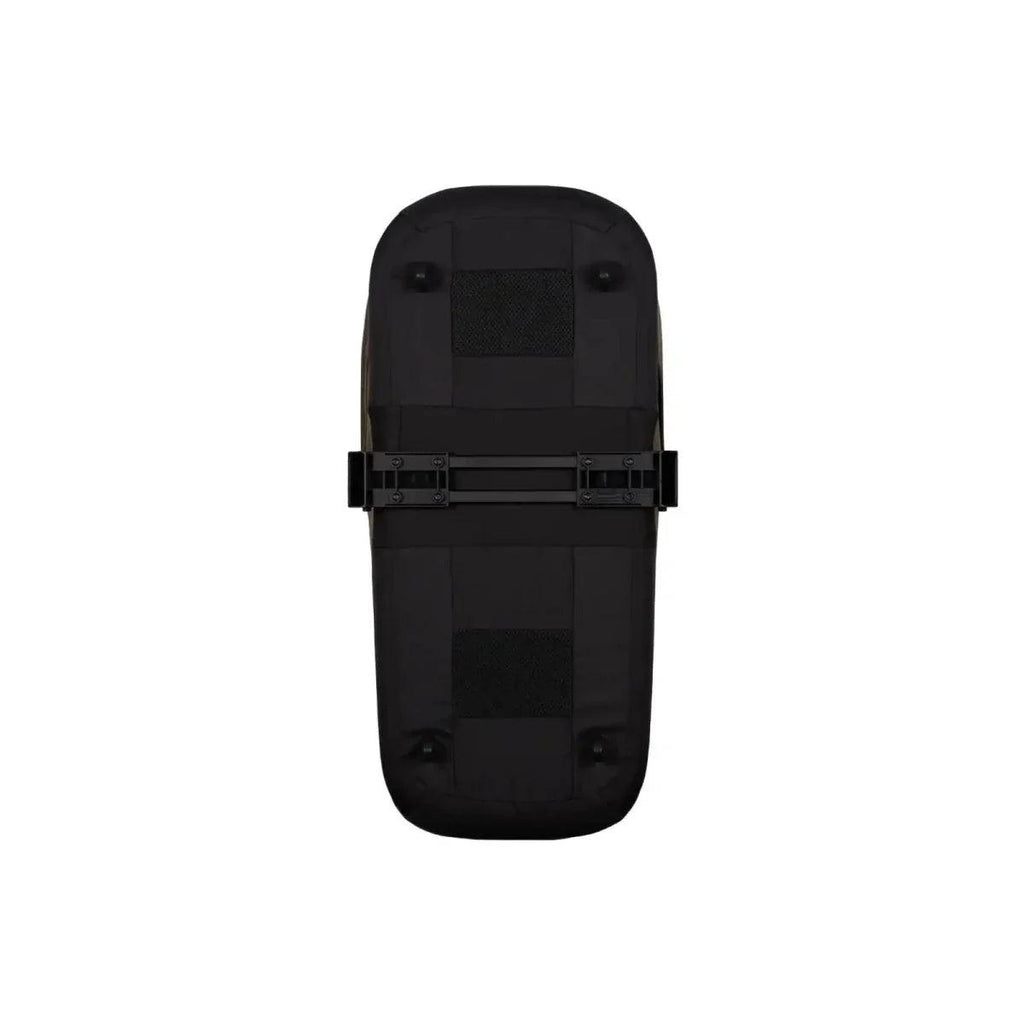Black stroller carrycot with hood and ventilation panel, front view