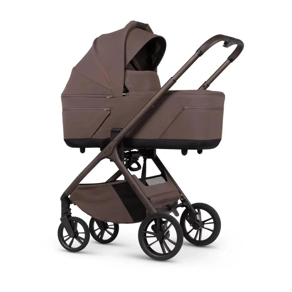 Beige-brown double stroller with carrycot and seat on black wheels