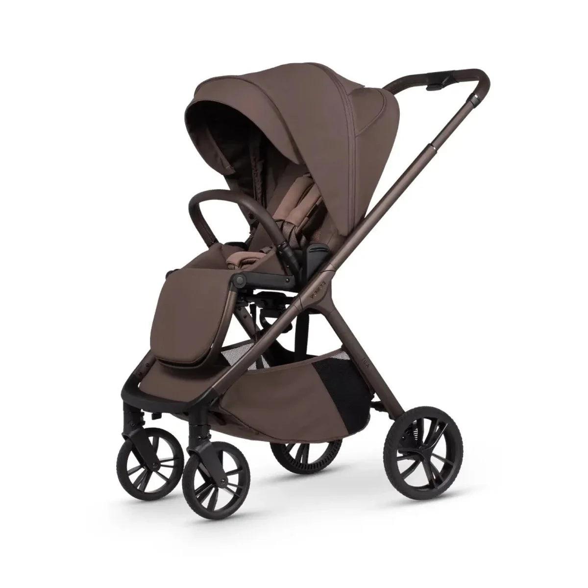 Beige-brown stroller with front seat, canopy, and black wheels