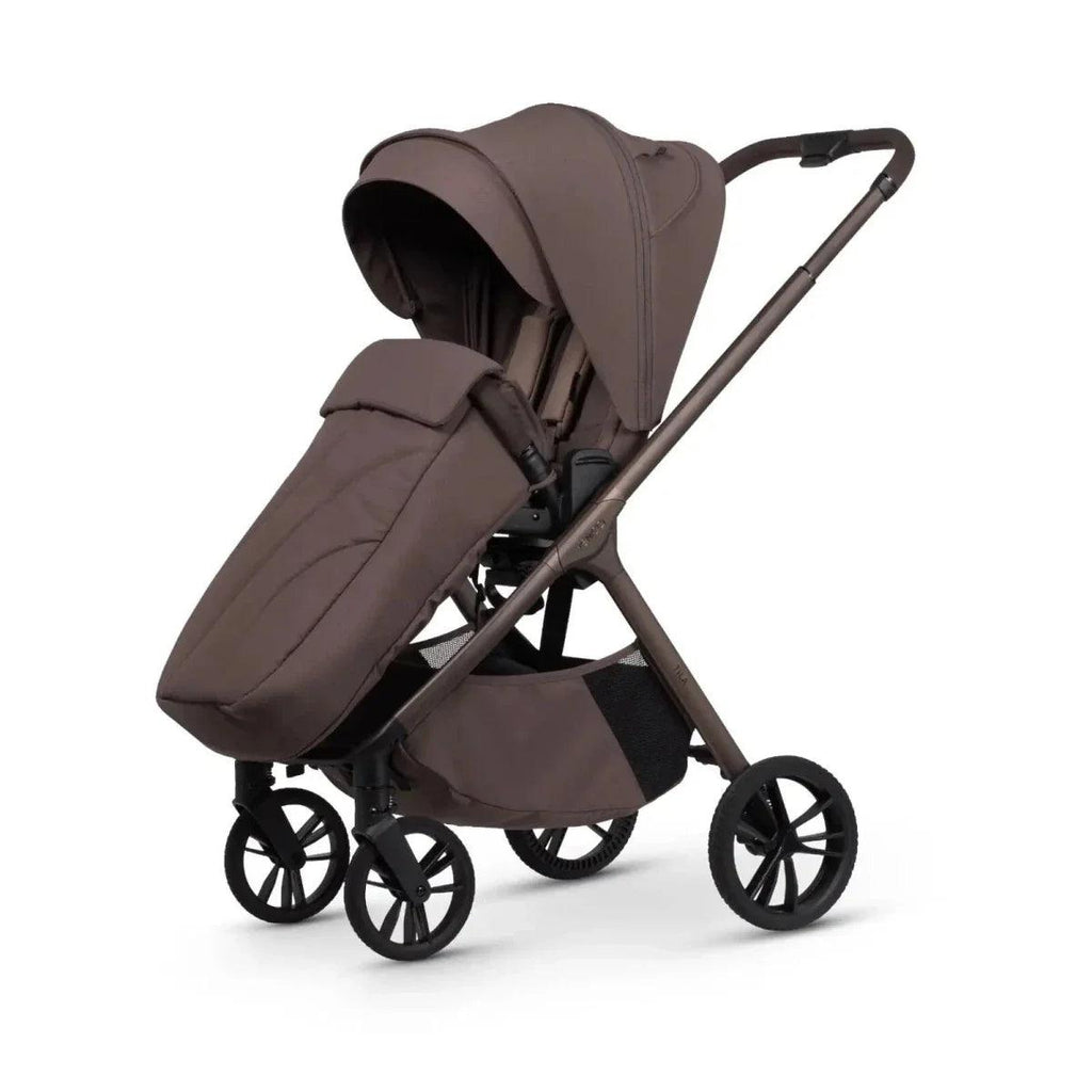 Beige-brown stroller viewed from side with canopy and footrest